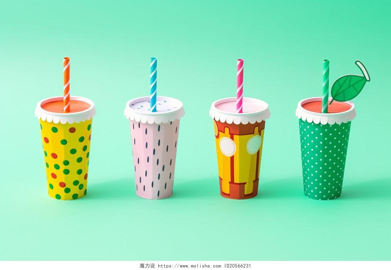 纸杯中的不同类型的软饮料剪纸设计AI插画